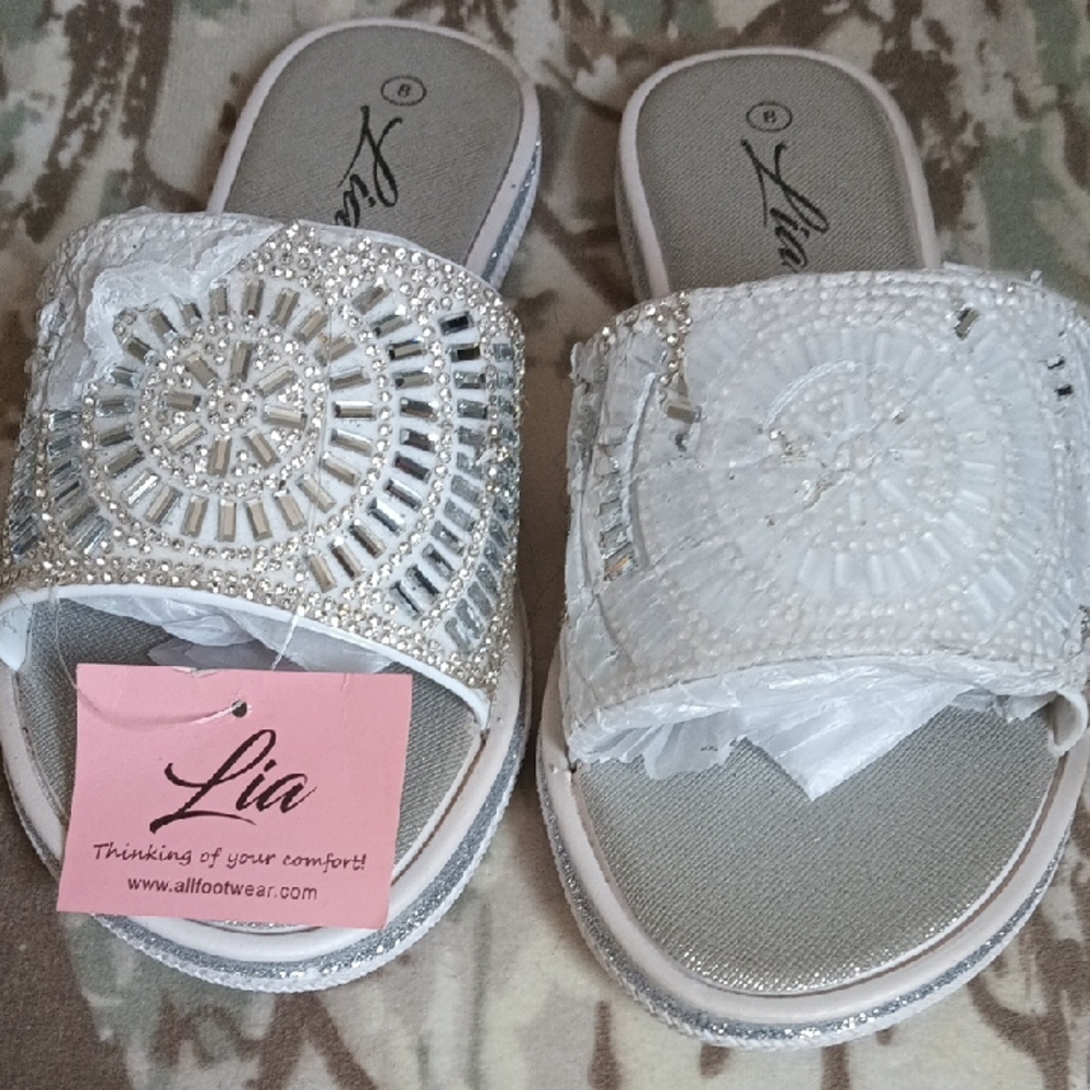 Women's Silver Beaded Slide Sandals with Rhinestone Accents